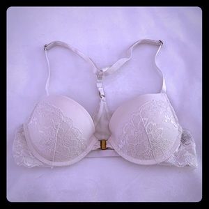 F21 32B front clasp, tback, white lace bra
